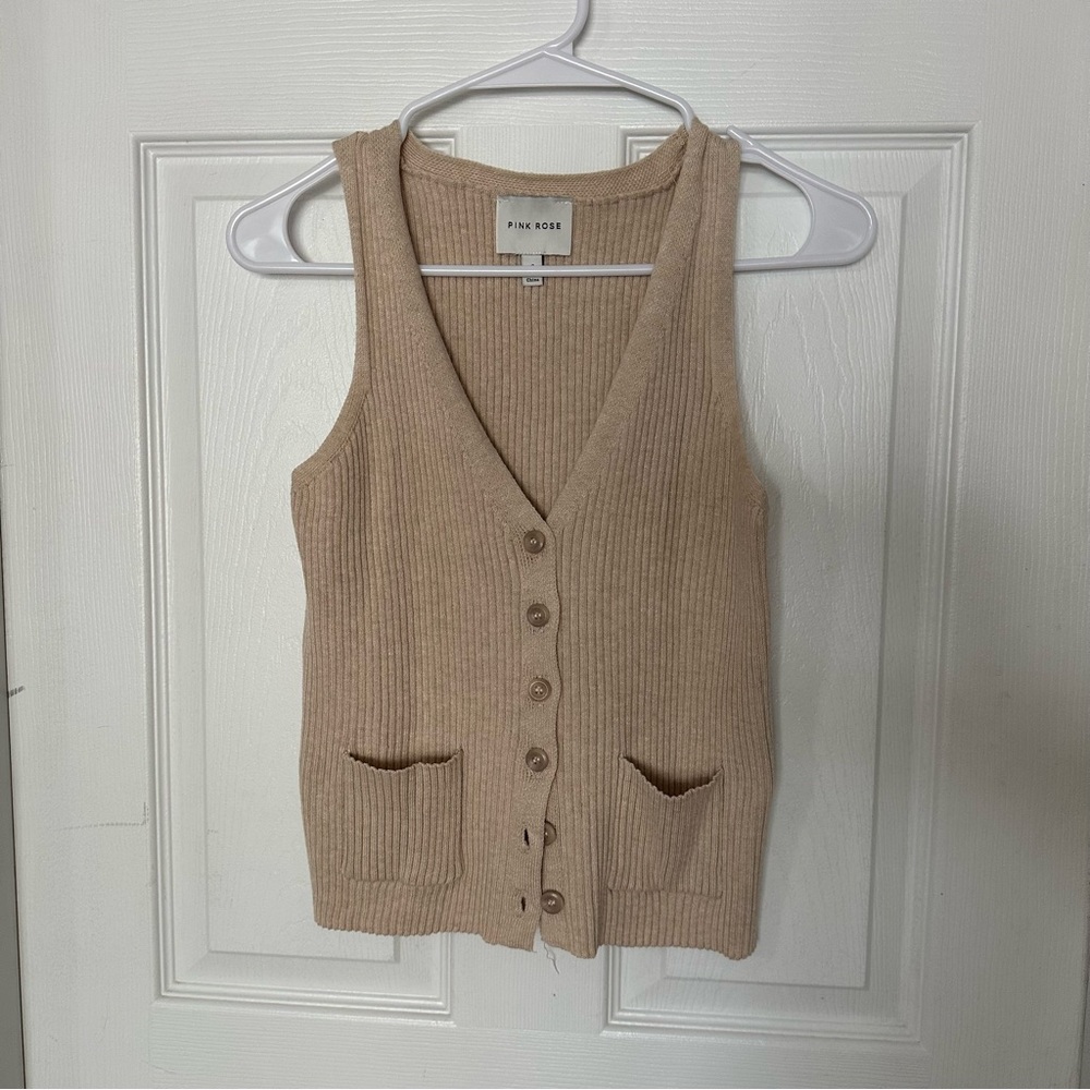 Pink Rose Women's Tan Sweater Vest Cardigan